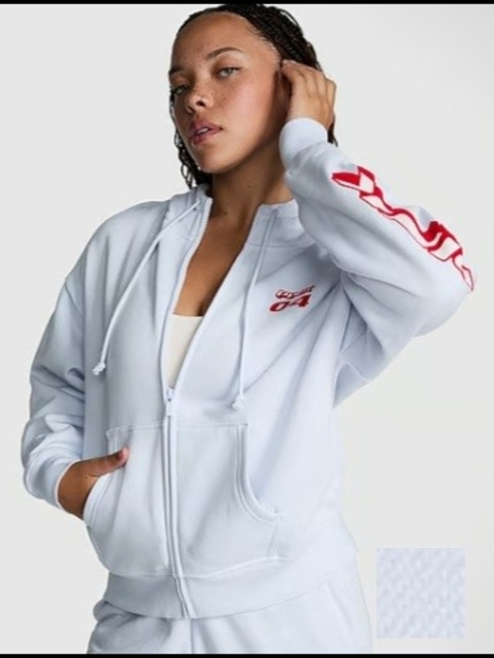 Light Blue Women's Zip Hoodie with Red Sleeve Detail